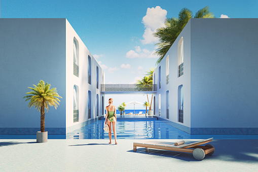 Luxury beach villa in the summer. 3D generated image.