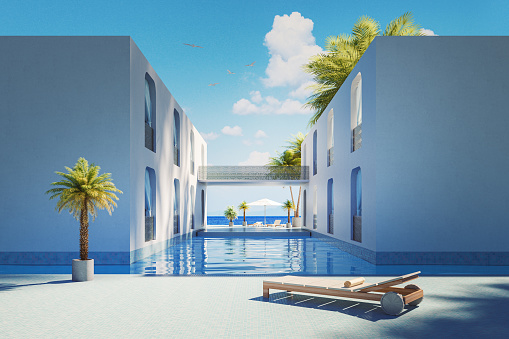 Luxury beach villa in the summer. 3D generated image.