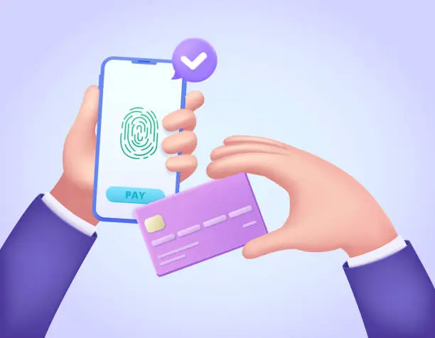 Vector illustration of Businessman hands holding plastic credit card and phone, secure online and cashless payment 3d concept. Three dimensional design concept for landing page. Vector illustration with tiny characters.