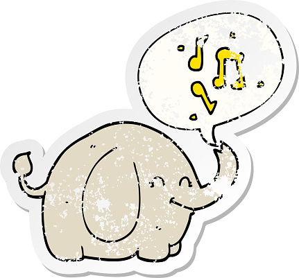 cartoon trumpeting elephant with speech bubble distressed distressed old sticker