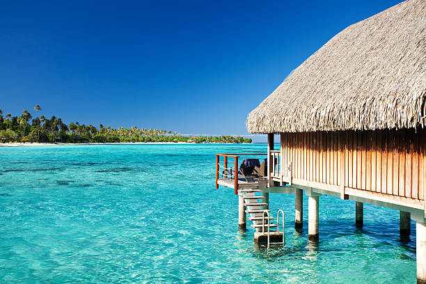 istock Over water bungalow with steps into lagoon 147912494