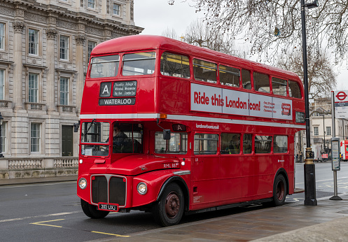 London. UK- 01.08.2023. A front view of a old iconic Routemaster double docker bus which now used as a ride for tourists.