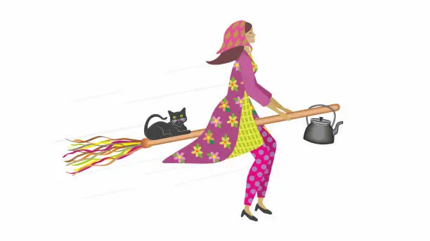 Vector illustration of Easter witch, in Swedish called Påskkärring (Sweden),  flying on traditional broom with coffee kettle and black cat. Isolated Vector illustration.