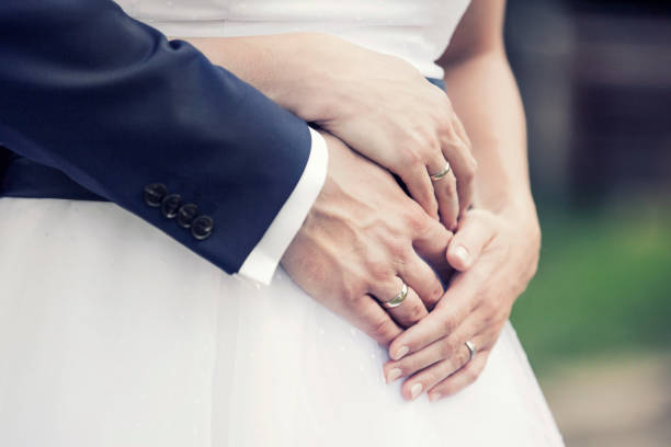 istock Wedding rings on the bride and groom hands 1479130949