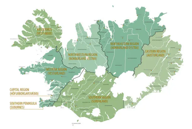 Vector illustration of Detailed map of Iceland with administrative divisions into Regions and Municipalities, major cities of the country, vector illustration onwhite background