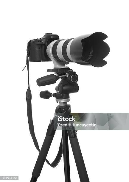 Dslr Camera On Tripod With Zoom Lens Stock Photo - Download Image Now - Black Color, Camera - Photographic Equipment, Cut Out