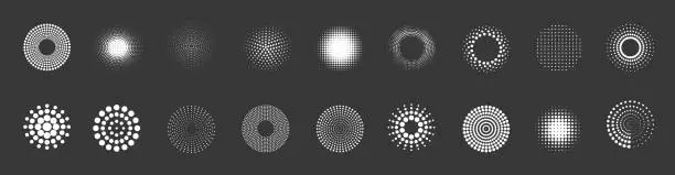 Vector illustration of Abstract circles with dots texture. White round dotted frames set isolated on black background. Spotted spray or brush. Vector design element