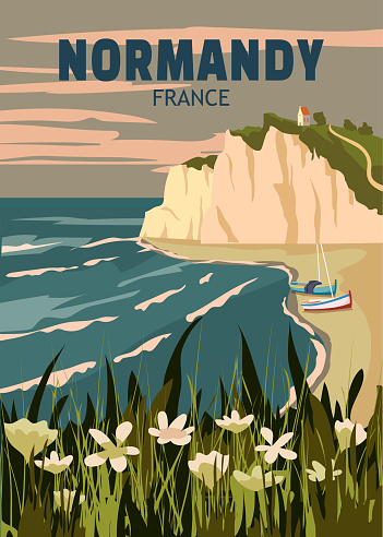 Travel poster Normandy France, vintage seascape rock cliff seashore landscape. Retro card, illustration, vector, postcard