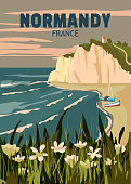 istock Travel poster Normandy France, vintage seascape rock cliff 1479132389
