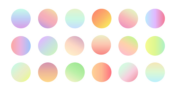 Pastel colored circles collection on white background. Vector gradient set. Trendy soft colors