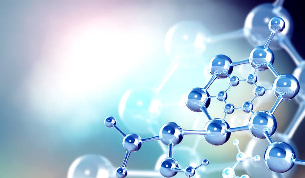istock Horizontal banner with model of abstract molecular structure. Background of blue color with glass atom model 1479132787