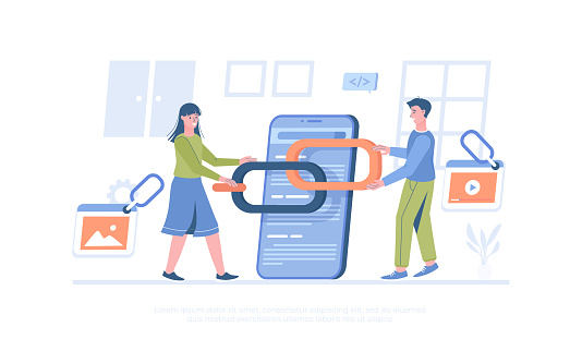 Link building between website pages. Search engine optimization concept, SEO. People holding chain on bowser window. Cartoon modern flat vector illustration for banner, website design, landing page.