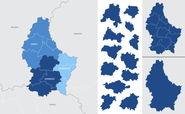 подробная векторная синяя карта люксембурга с административным делением на районы и кантоны страны - cantons stock illustrations