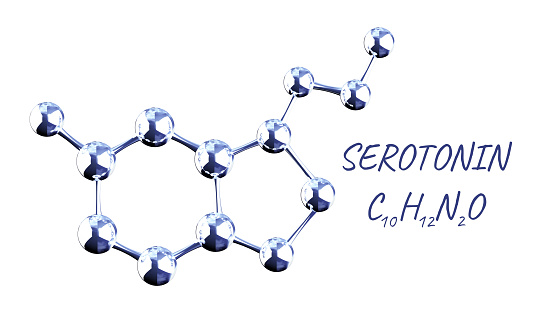 Chemical formula of Serotonin - happiness hormone. Molecular model of Serotonin hormone. Isolated on white background. Can be used for science and education presentation. 3d render