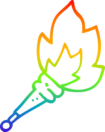 Rainbow Gradient Line Drawing Of A Cartoon Flaming Torch Stock