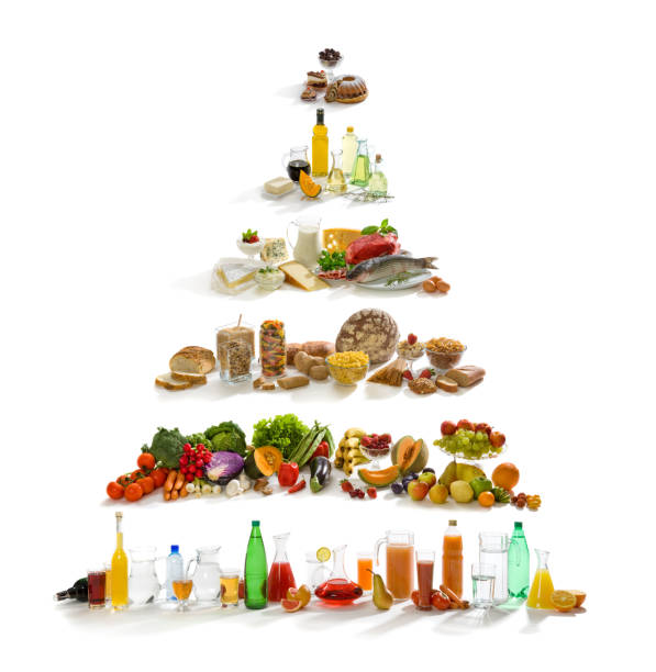 food pyramid balnced food pyramid on white. XXXL studio shot. pepper cake stock pictures, royalty-free photos & images