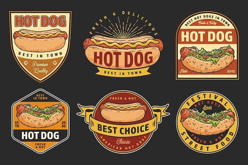 Hot dog set colorful stickers for advertising materials cafes and bars of street food preparing American sausage sandwiches vector illustration