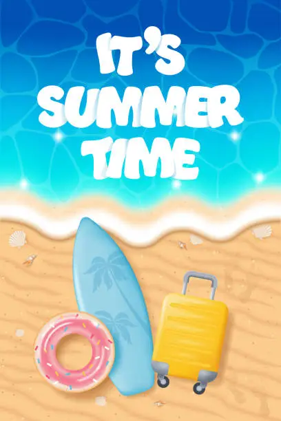 Vector illustration of Summer beach seashore with a surfboard, inflatable rubber ring, and suitcase. Vector illustration in 3d Style