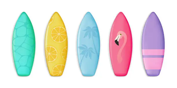 Vector illustration of Summer surfboard set. Vector illustration surfboards, decorated in colorful patterns in 3d style, isolated on white background.
