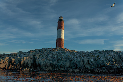 Autumn sunlight on the lighthouse of the island of Texel in the Dutch Waddensea region at the North Sea. The Waddensea is a UNESCO world heritage site.
