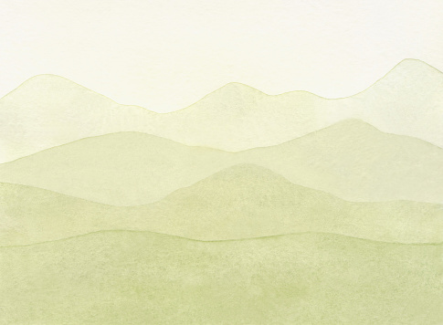 Watercolor, abstract, texture illustration of a panoramic view, light green mountains, hills and meadows. Drawn by hand. For decoration and design with place for text.