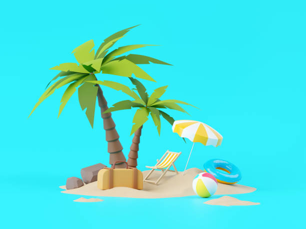 istock Summer vacation beach abstract background concept, Minimal Realistic Display Podium for Product mock-up or Cosmetics with summer theme, beach umbrella, sand, chairs, inflatable ring. 3d rendering 1479143418