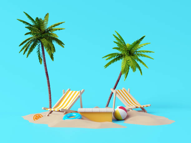 istock Summer vacation beach abstract background concept, Minimal Realistic Display Podium for Product mock-up or Cosmetics with summer theme, beach umbrella, sand, chairs, inflatable ring. 3d rendering 1479143459