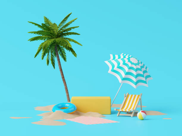 istock Summer vacation beach abstract background concept, Minimal Realistic Display Podium for Product mock-up or Cosmetics with summer theme, beach umbrella, sand, chairs, inflatable ring. 3d rendering 1479143470