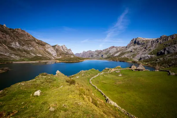 Scenic landscape of Lago del Valle in Somiedo Natural Park in Asturias, Spain
