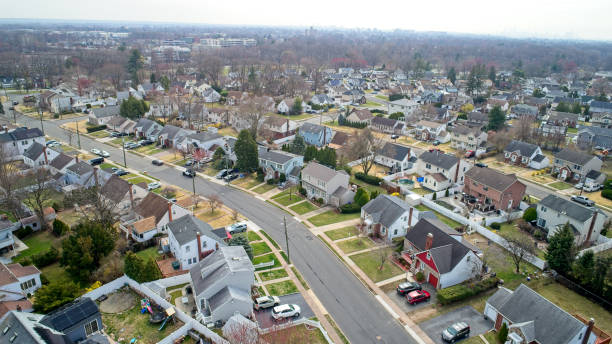 istock Middle Class Neighborhood flyover NYC in the far right skyline 1479149346
