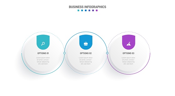 Timeline infographic with infochart. Modern presentation template with 3 spets for business process. Website template on white background for concept modern design. Horizontal layout