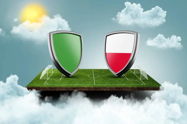 Poland vs Saudi Arabia Versus screen banner Soccer concept. football field stadium, 3d illustration