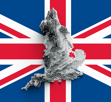 Relief map of United Kingdom. surrounding territory greyed out 3d illustration\nSource Map Data: tangrams.github.io/heightmapper/,\nSoftware Cinema 4d