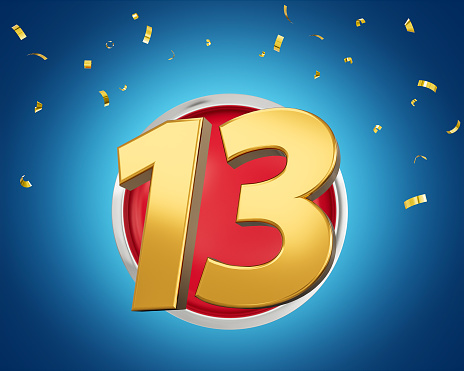 Gold Number 13 Gold Number Thirteen On Rounded Red Icon with Particles 3d illustration