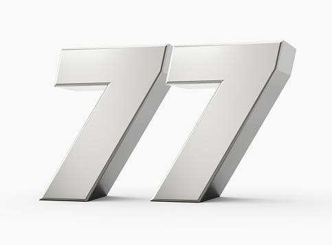 Silver 3d numbers 77 Seventy Seven. Isolated white background 3d illustration