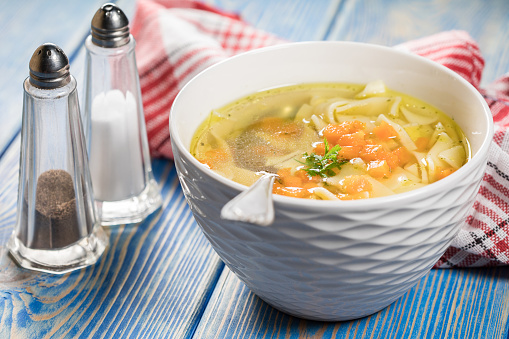 Broth - chicken soup with noodles in a bowl.