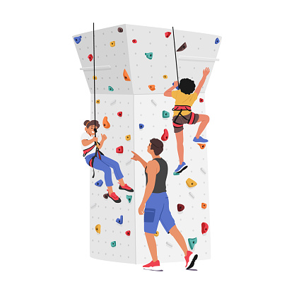Children Characters Scale A Climbing Wall With Guidance Of Trainer. Excitement And Adventure Of Outdoor Activities, Fitness, Sports, And Recreation Themes Promotion. Cartoon People Vector Illustration