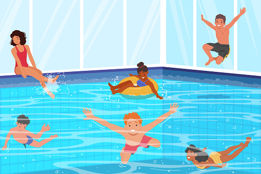 Children Girls and Boys Characters Joyfully Playing In Blue Swimming Pool, Jumping, Diving And Splashing Water, Under Bright Sunlight During Summer Holidays. Cartoon People Vector Illustration
