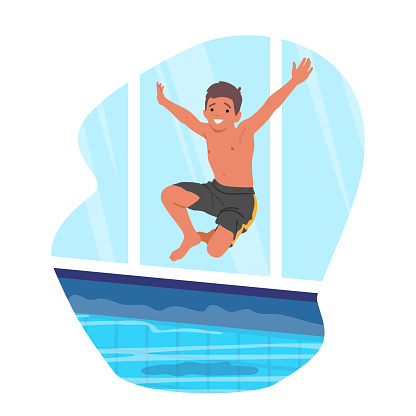 Youngster Character Jump into Crystal-clear Pool Water. Playful Kid Joyfully Playing, Child Enjoying A Refreshing Dip In The Pool On A Hot Summer Day. Cartoon People Vector Illustration
