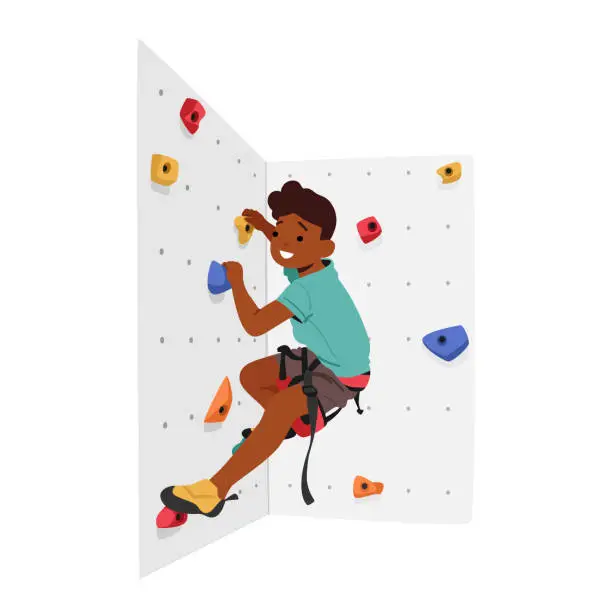 Vector illustration of Child Conquering A Climbing Wall With Determination And Skill, Supported By Ropes And Harnesses Cartoon Illustration