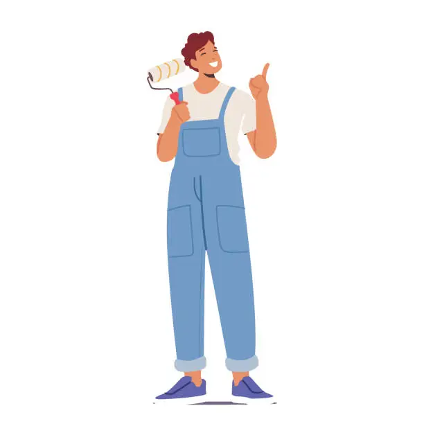 Vector illustration of Cheerful Male Character with Painting Roll Isolated on White Background. Worker on Blue Overalls Doing Renovation Works