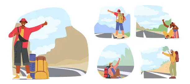 Vector illustration of Set Hitchhiker Characters Stand On The Side Of Road With Backpack, Waiting For A Ride. Adventure, Freedom Concept