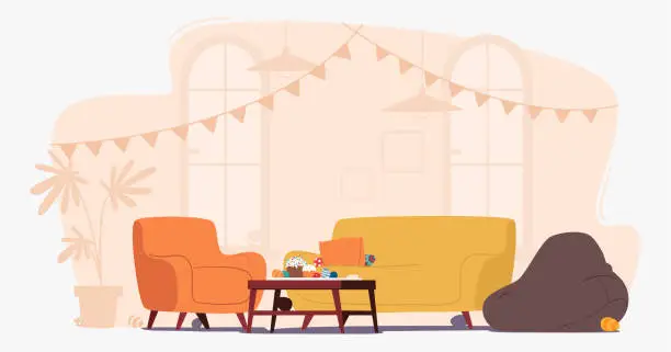 Vector illustration of Decorated Room With Easter-themed Decor, Including A Garland, Colorful Eggs, And Freshly Baked Cakes On Table