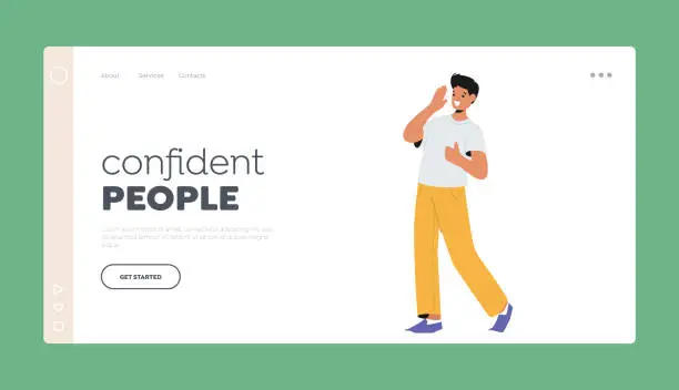 Vector illustration of Confident People Landing Page Template. Young Man in Casual Clothes Gesturing with Hands, Greeting or Welcome Somebody