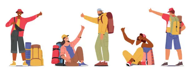 Vector illustration of Backpackers Male and Female Characters With Outstretched Thumbs Standing and Sitting Waiting For Ride Isolated on White