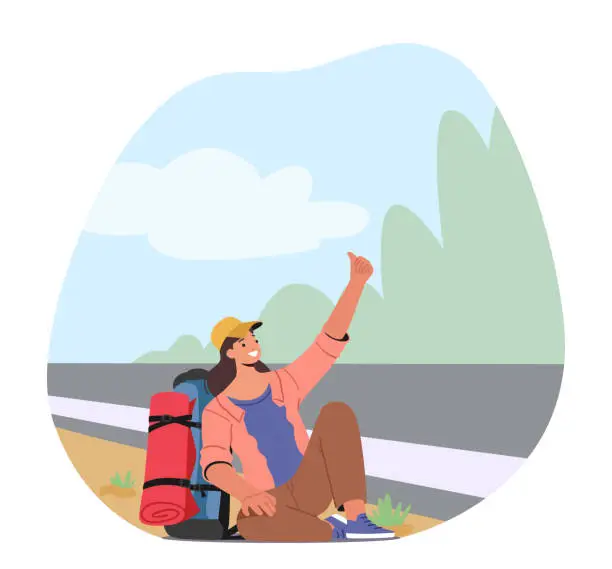 Vector illustration of Female Character Hitchhiker Sitting With Backpack By The Roadside With An Extended Thumb, Looking For A Lift