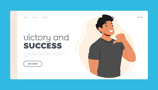 Victory and Success Landing Page Template. Confident Man Pointing At Himself With A Big Smile, Radiating Positivity And Self-assurance. Male Character Promotes Self-esteem. Cartoon Vector Illustration