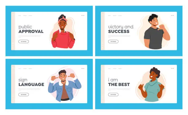 Vector illustration of Self-confidence, Positivity Landing Page Template Set? Enthusiastic Male Female Characters Pointing Towards Themselves