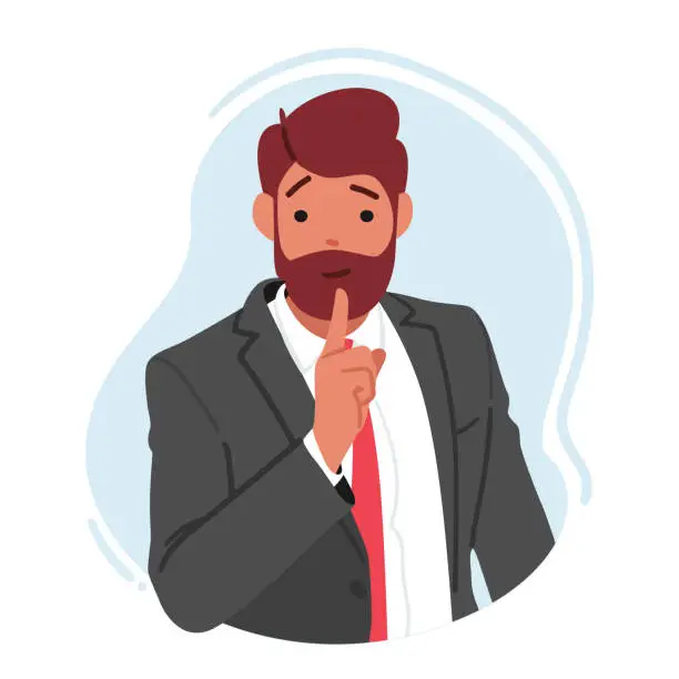 Vector illustration of Man Making A Silence Gesture, Indicating The Need For Quietness Or Confidentiality. Male Character Express Secrecy