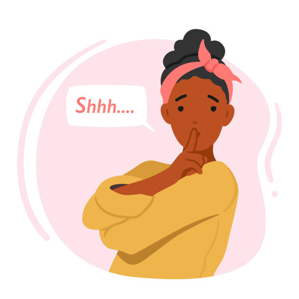 Female Character Showcasing The Gesture Of Silence With A Finger Pressed Against her Mouth, Evoking The Idea Of Silence Female Character Showcasing The Gesture Of Silence With A Finger Pressed Against her Mouth, Evoking The Idea Of Silence Or Stillness, Confidentiality, Or Privacy. Cartoon People Vector Illustration keep calm and stock illustrations